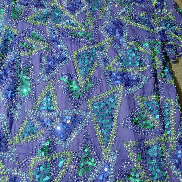 Vintage Styleworks Sequined Silk & Polyester Top Short Sleeve Blue & Green Women - Picture 10 of 10